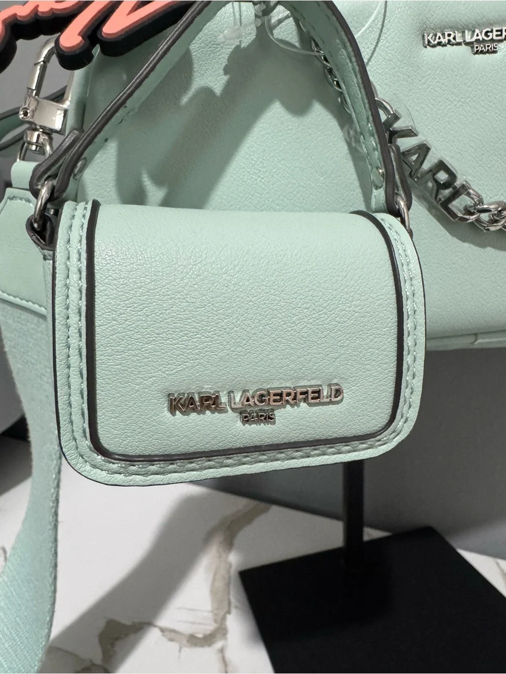 Karl Lagerfeld Mint Green Leather Barrel Crossbody with Chain